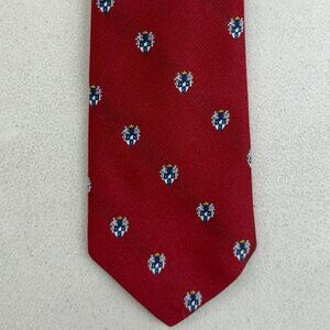 Vintage 1960s Jacquard Shield Tie 60s Red Embroidered Twill Polyester Necktie